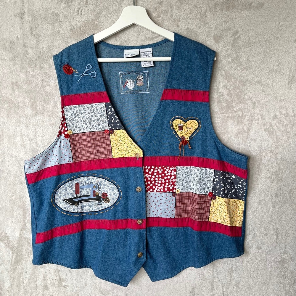 Vintage Bobbie Brooks Denim Vest Blue 18W/20W Sew Craft Patchwork‎ 90s Cottage